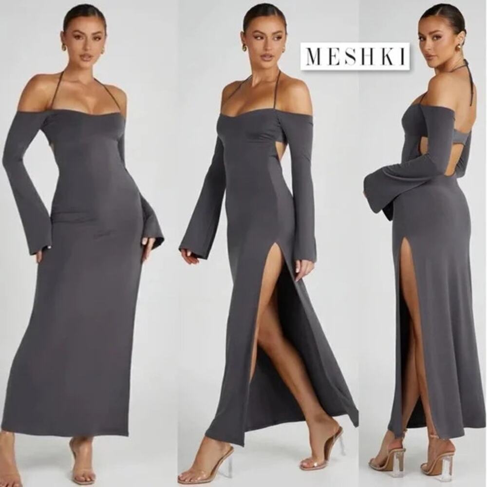MESHKI Tia Slinky Off Shoulder Maxi Dress Charcoal Gray Size XL NWT New Sexy